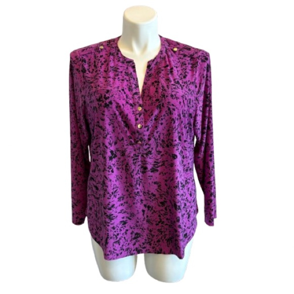 INC International Concepts Surplice Blouse Size 2X Purple Black Top Buttons NWOT